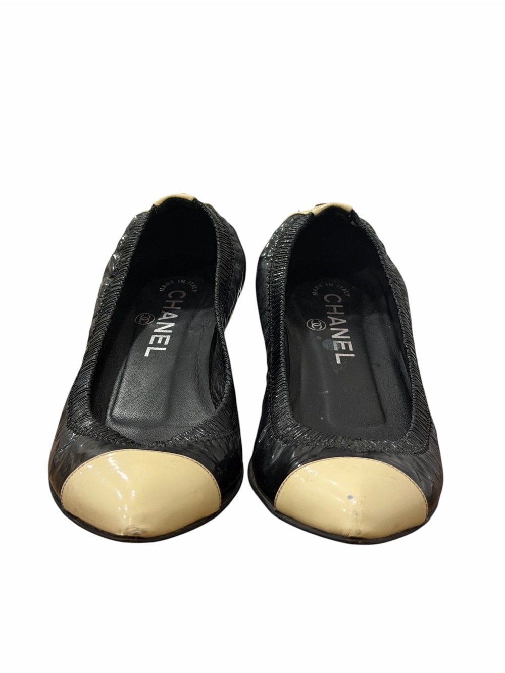 CHANEL Black Patent Leather Beige Cap Toe Ballet Flats Shoes Size 35 - Picture 14 of 16